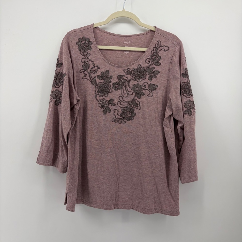 Pure Jill Womens Large Mauve Floral Embroidered Pima Cotton 3/4 Sleeve Top